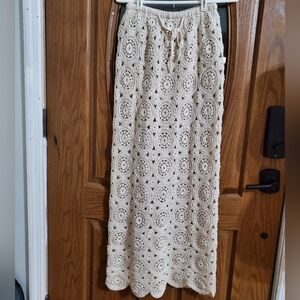 Vintage Solitaire Cream Crochet Lace Maxi Skirt Boho Cottagecore Festival Lined